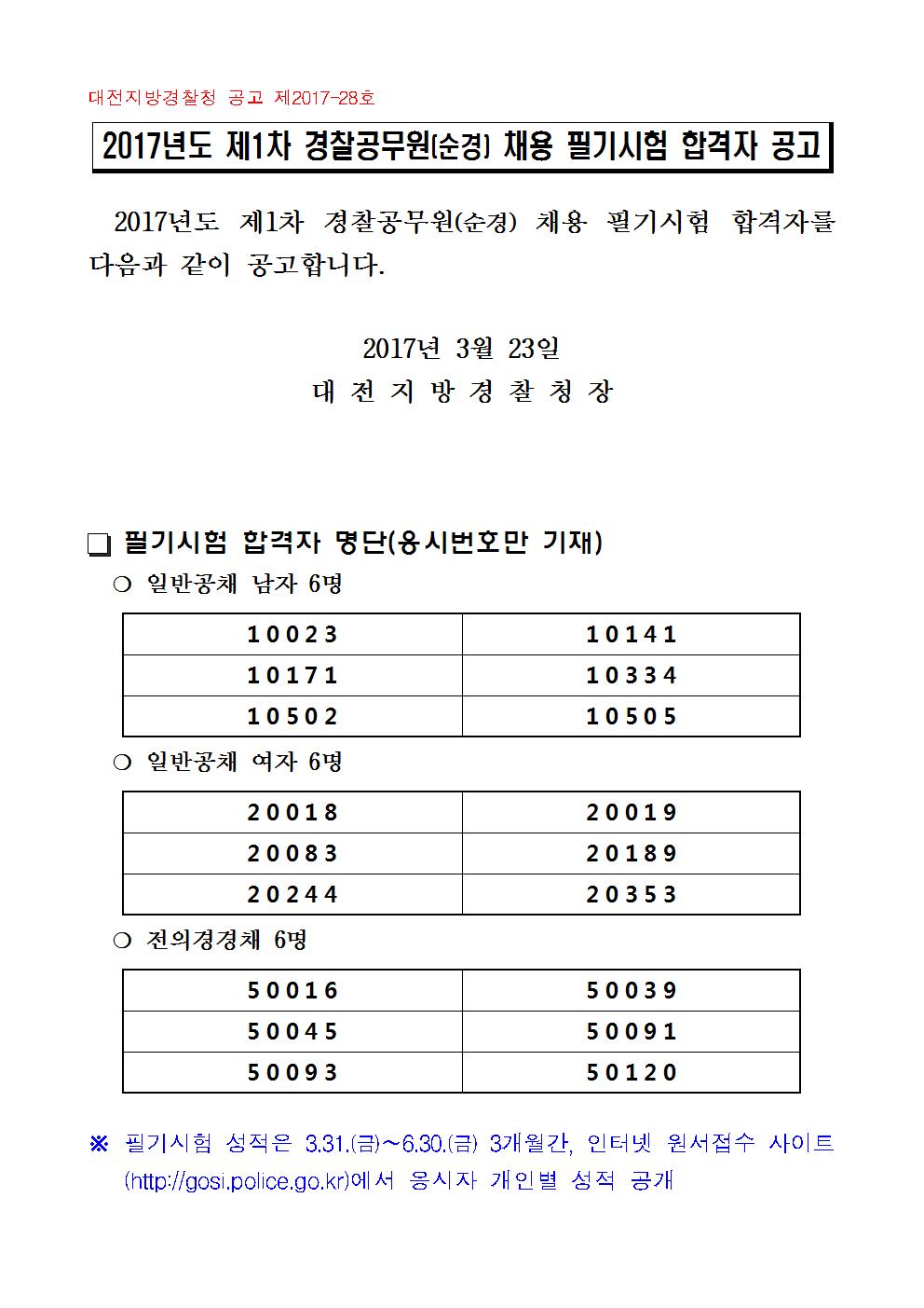 대전 - 2017년도_제1차_경찰공무원(순경)_채용_필기시험_합격자_공고문001.jpg