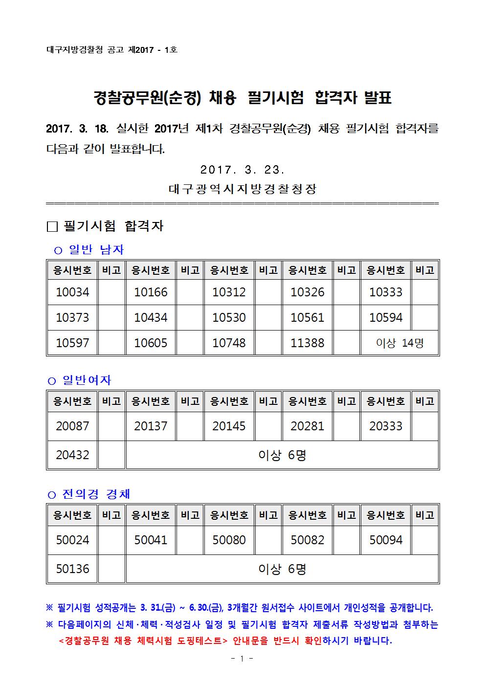 순경 필기시험 합격자발표 공고문(2017-1차)001.jpg